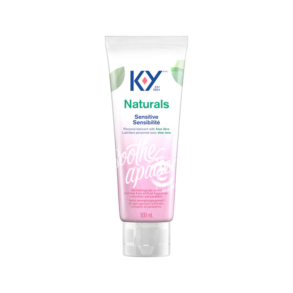 Front facing packshot of K-Y® Lubricant - Naturals® Sensitive Gel / Plan produit avant du lubrifiant K-Yᴹᴰ — Gel Naturalsᴹᴰ Sensibilité 