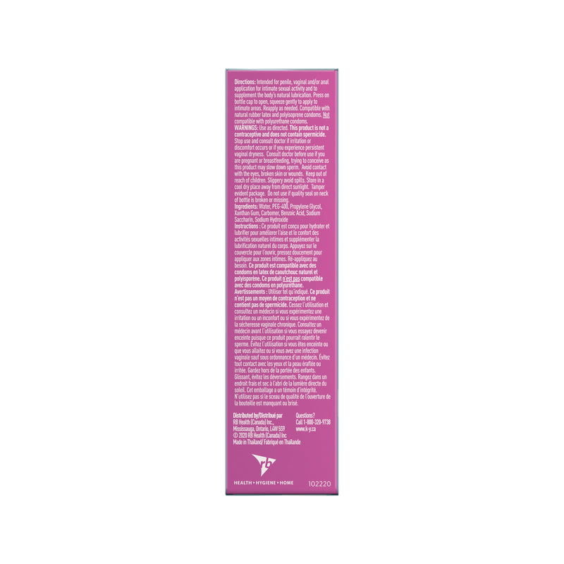 Left side of K-Y® Lubricant - Liquid Pack / Côté droit d’un emballage de lubrifiant K-Yᴹᴰ — Liquide 