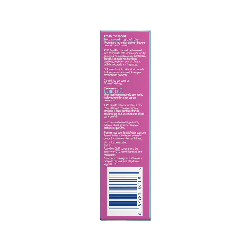 Right side packshot of K-Y® Lubricant - Liquid Pack / Plan produit droit d’un emballage de lubrifiant K-Yᴹᴰ — Liquide