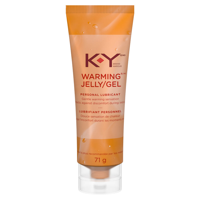 Front facing packshot of K-Y® Lubricant - Warming® Gel 71g / Plan produit avant du lubrifiant K-Yᴹᴰ — Gel Warmingᴹᴰ 71 g