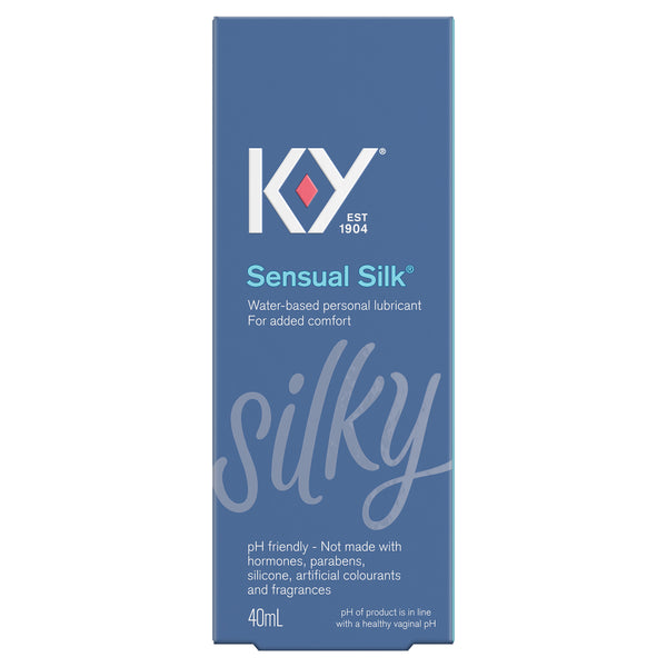 Front facing packshot of K-Y® Lubricant - Sensual Silk® Liquid / Lubrifiant K-Yᴹᴰ —Liquide Sensual Silkᴹᴰ