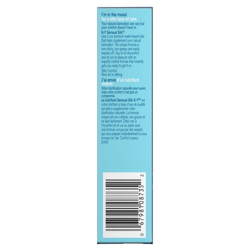 Right side packshot of K-Y® Lubricant - Sensual Silk® Liquid / Plan produit du côté droit du lubrifiant K-Yᴹᴰ — Liquide Sensual Silkᴹᴰ 