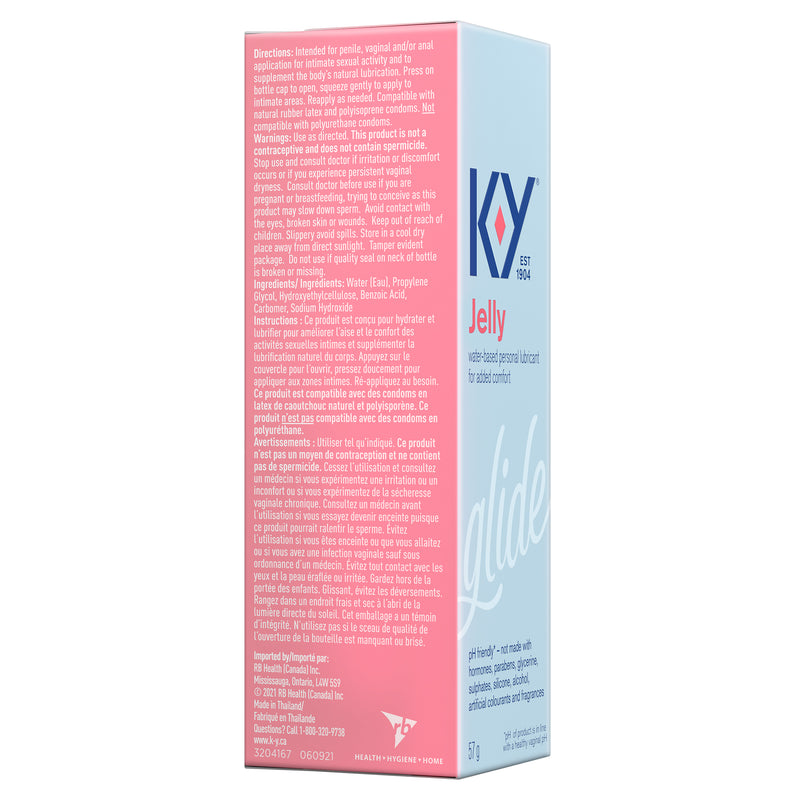 Left corner packshot of K-Y® Lubricant Gel 57g / Plan produit du coin gauche d’un emballage de 57 g de lubrifiant K-Yᴹᴰ — Gel 