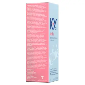 Tilted left and front sides of K-Y Lubricant - Gel 57 g box/Côtés gauche et avant d’une boîte de lubrifiant K-Y — Gel (57 g)