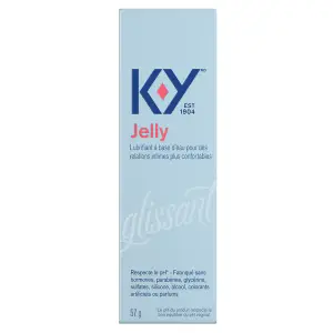 Back side of K-Y Lubricant - Gel 57 g box in French/Arrière d’une boîte de lubrifiant K-Y — Gel (57 g) en français