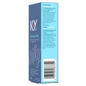 Tilted right and front sides of K-Y Lubricant - Sensual Silk Liquid box/Côtés droit et avant d’une boîte de lubrifiant K-Y — Liquide Sensual Silk