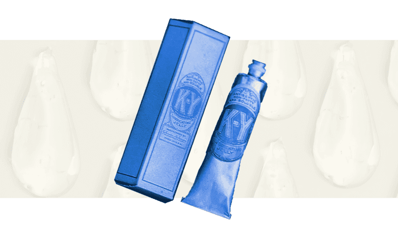 K-Y lubricant bottle from 1904 on a droplet background.