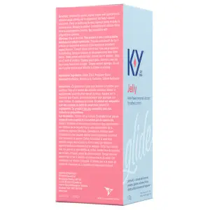 Tilted left and front sides of K-Y Lubricant - Gel 113 g box/Côtés gauche et avant d’une boîte de lubrifiant K-Yᴹᴰ — Gel (113 g