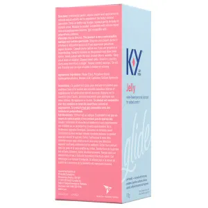 Tilted left and front sides of K-Y Lubricant - Gel 113 g box/Côtés gauche et avant d’une boîte de lubrifiant K-Yᴹᴰ — Gel (113 g